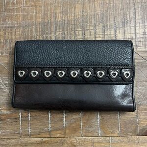 Brighton Vintage Leather Wallet with Silver Tone Hearts and Leather Hearts.